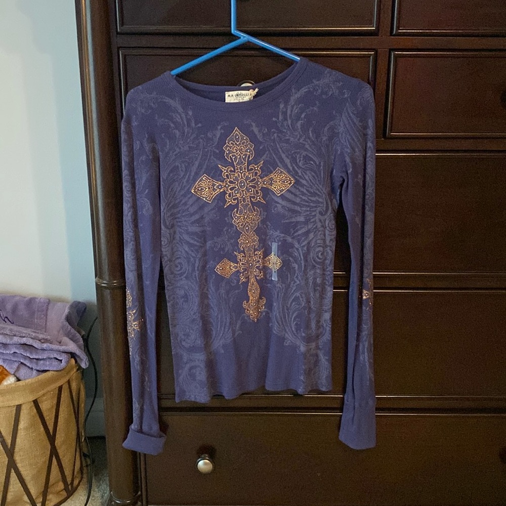 Miss Me Long Sleeve Shirt, Size Medium, Blue with Cross Details